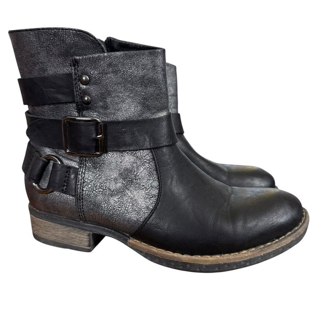 Patrizia Donjon Womens Black Silver Buckle Strap Ankle Boots Moto Shoes 37 6.5 7